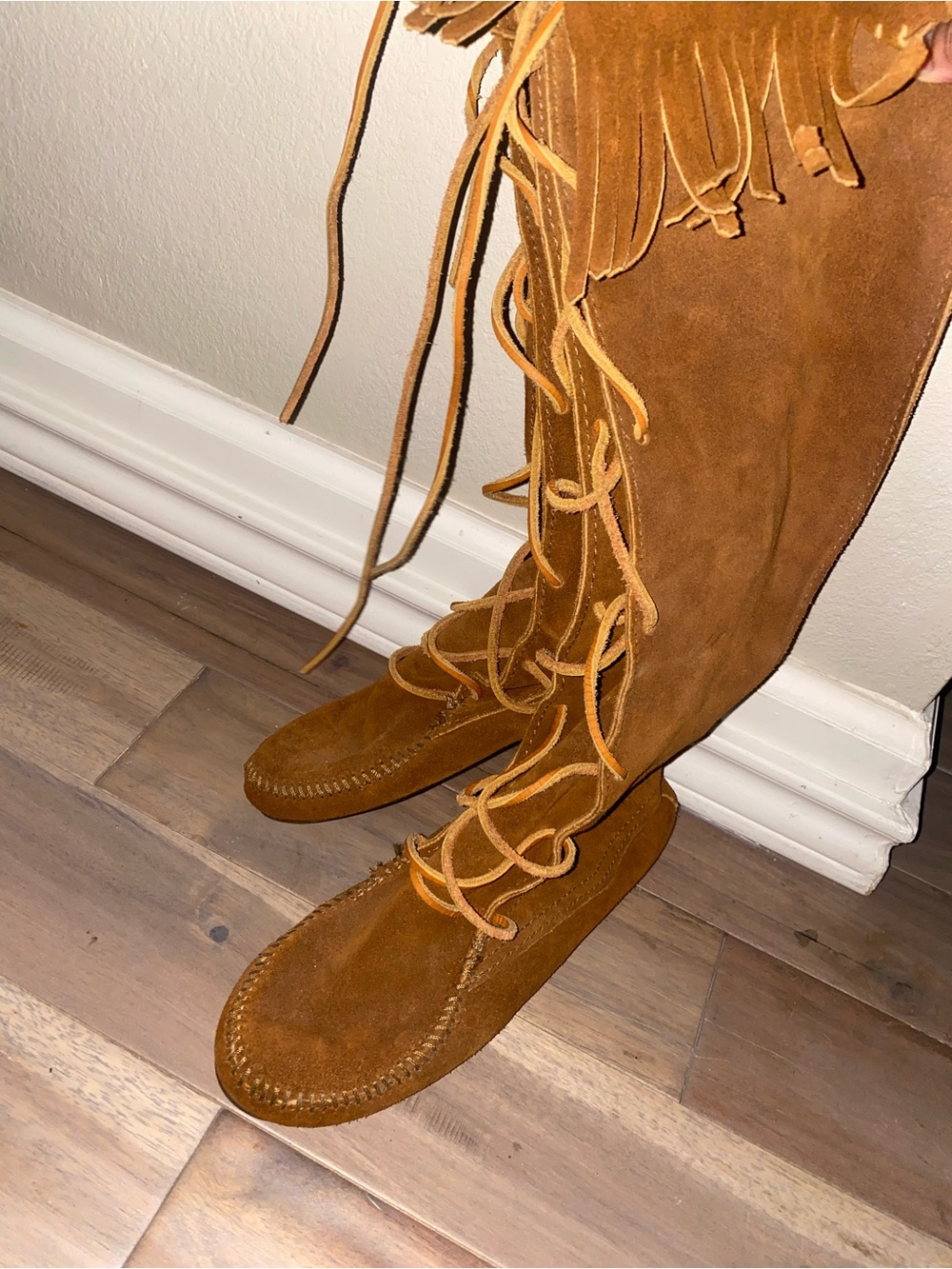 Minnetonka Chestnut Suede Moccasin Boots with Fringe